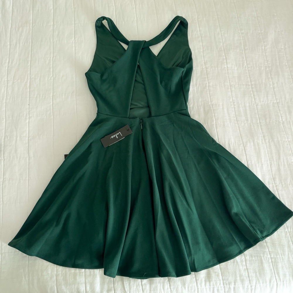 Lulus Wonder Whirl Dark Green Twist Back Skater Dress XS NWT $49 MSRP Cocktail - Picture 10 of 11